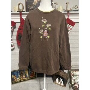 Vtg Embroidered Crewneck Sweatshirt Women's Medium Brown Bee Hive Flower Sweater